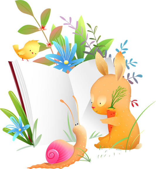 Bunny Reading Book and Study with Friends Animals